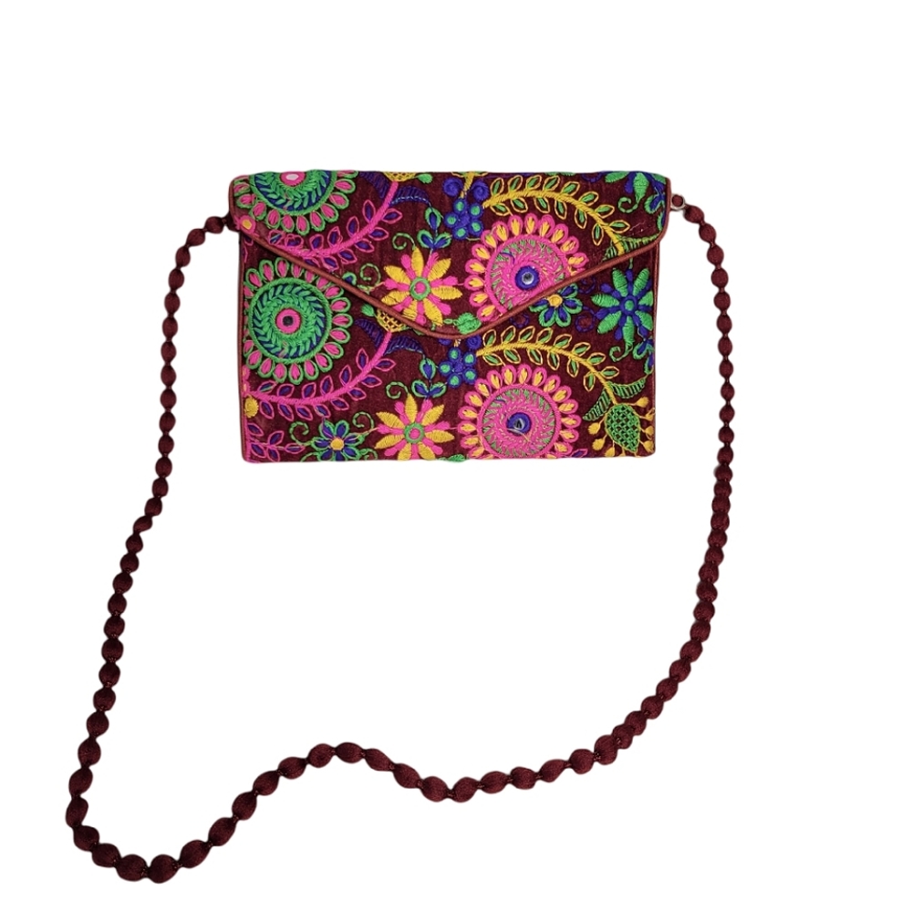 Fuschia multi-color floral embroidered crossbody mini bag